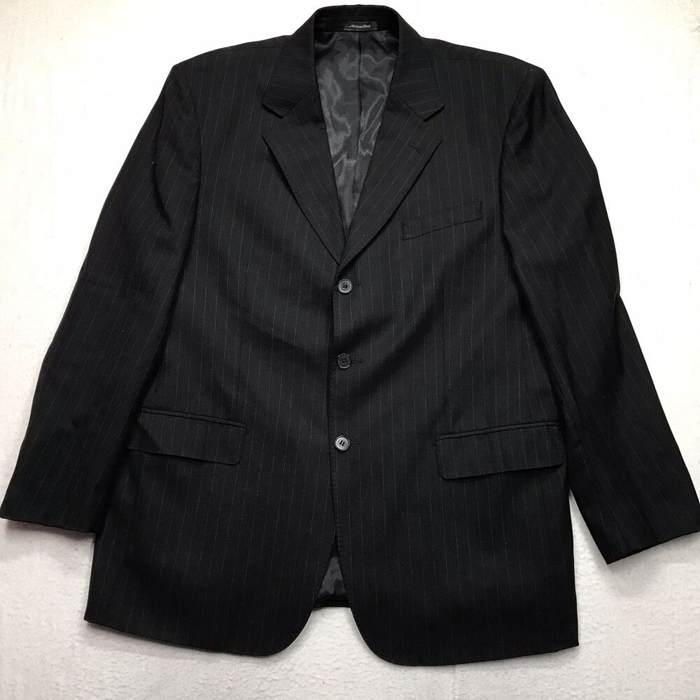 CARLO PALAZZI Blazer Men 44R Black Pin Stripe 100% Wool Made in Italy 3 Button